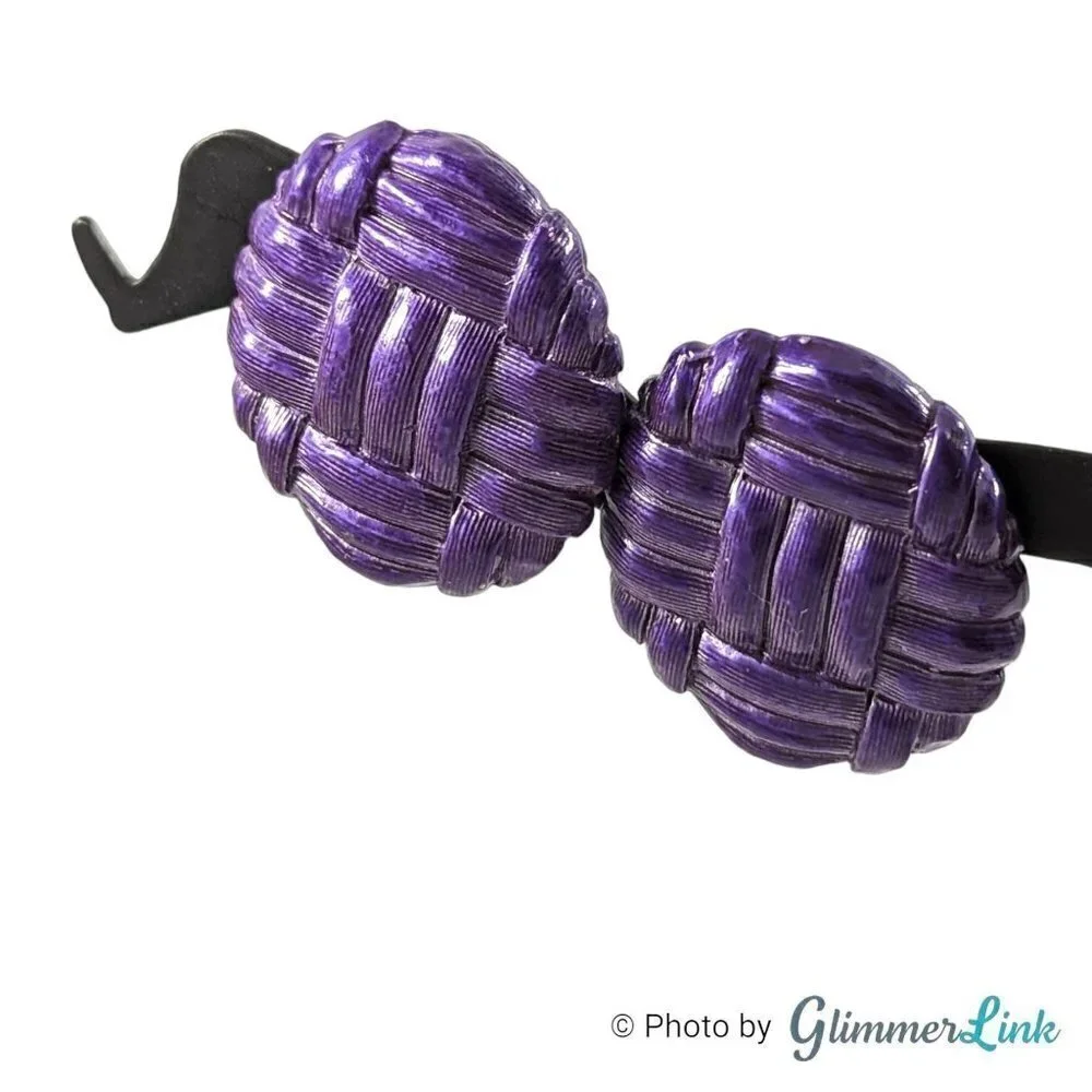 Vintage 80s Purple Enamel Round Woven Knot Metal Earrings